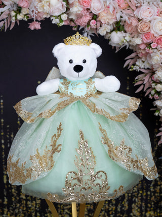 Sage green gold with train teddy bear for quinceanera