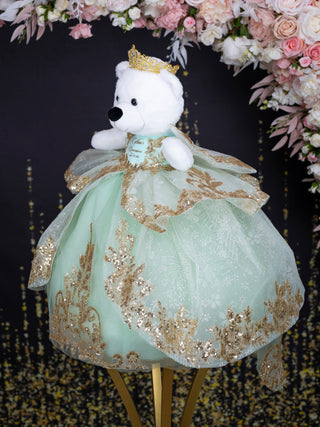 Sage green gold with train teddy bear for quinceanera