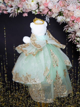 Sage green gold with train teddy bear for quinceanera
