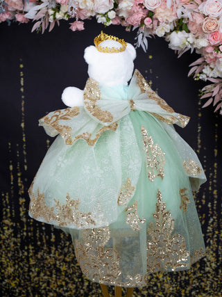 Sage green gold with train teddy bear for quinceanera
