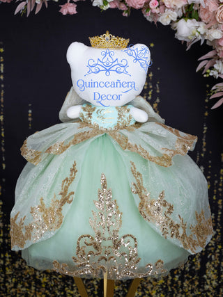 Sage green gold with train teddy bear for quinceanera