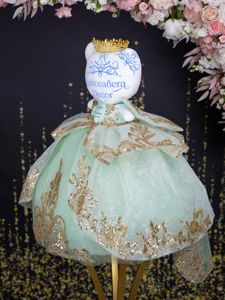 Sage green gold with train teddy bear for quinceanera