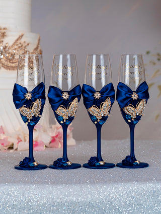 Navy blue with butterflies quinceanera bottle with 4 glasses