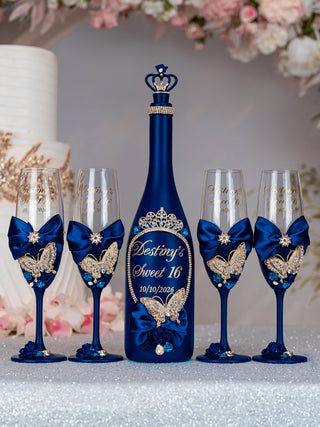 Navy blue with butterflies quinceanera bottle with 4 glasses