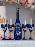 Navy blue with butterflies quinceanera bottle with 4 glasses
