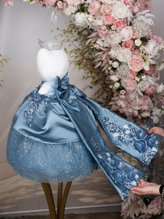 Dusty Blue with Floral Bow Quinceanera Teddy Bear