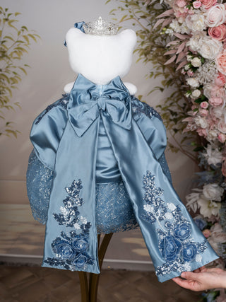 Dusty Blue with Floral Bow La Ultima Muneca for Quinceanera