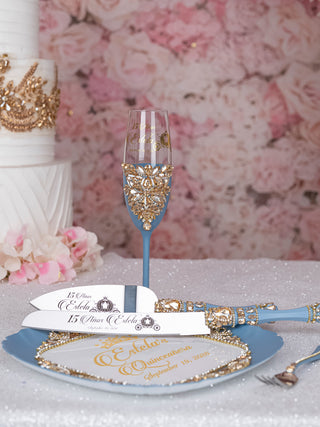 Slate Blue Gold Doll Cat for Quinceanera