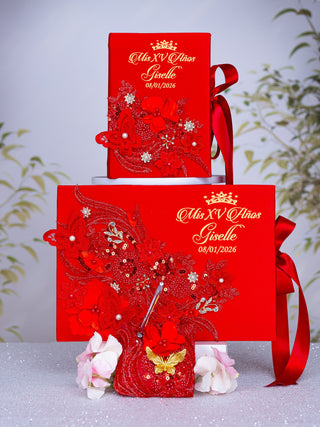 Red Quinceanera theme package of pillows set, Bible and guest book