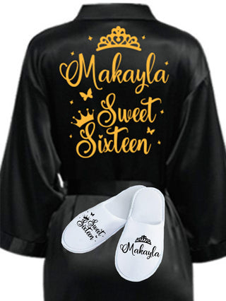 Sweet 16 Black with Gold robe with slippers