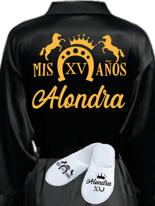 Quinceanera Black with Gold robe with slippers