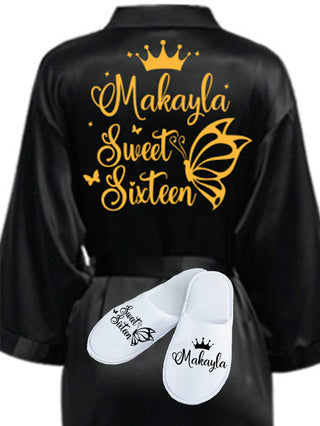 Sweet 16 Black with Gold robe with slippers