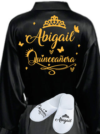 Quinceanera Black with Gold robe with slippers