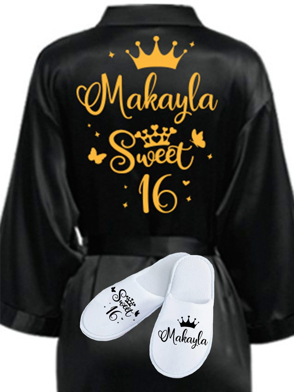Sweet 16 Black with Gold robe with slippers / quinceanera-decor