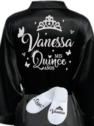 Quinceanera Black with Silver robe with slippers