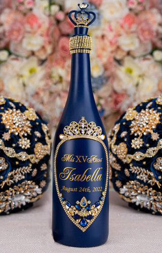 Navy blue with gold quinceanera bottle