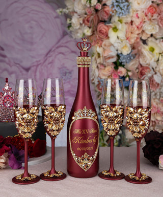 Burgundy quinceanera bottle with 4 glasses
