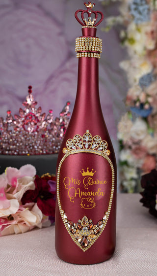 Burgundy quinceanera bottle Kitty design