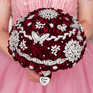 Burgundy Silver Quinceanera Bouquet 13 inches