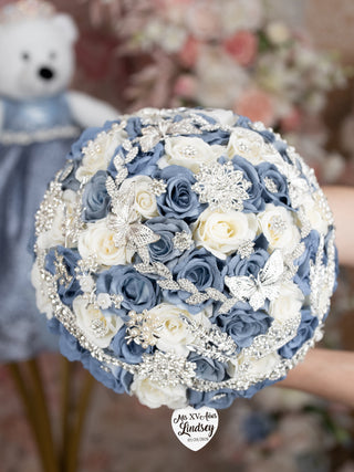 Slate Blue Silver quinceanera bouquet 13 inches