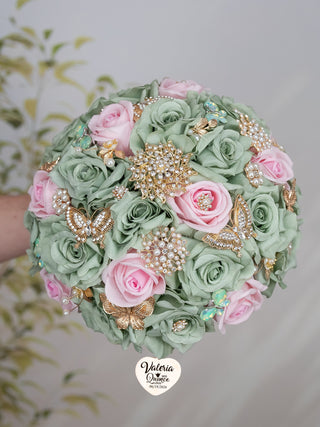 Sage Green Pink Gold Quinceanera Bouquet 9 inches