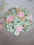 Sage Green Pink Gold Quinceanera Bouquet 9 inches
