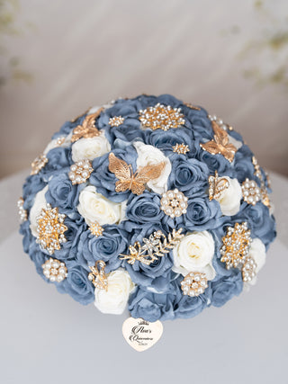 Slate Blue Gold quinceanera bouquet 13 inches