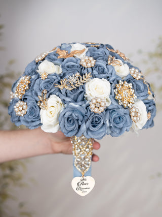 Slate Blue Gold quinceanera bouquet 13 inches