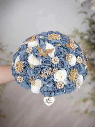 Slate Blue Gold quinceanera bouquet 13 inches