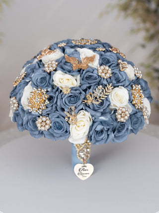 Slate Blue Gold quinceanera bouquet 9 inches