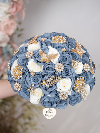 Slate Blue Gold quinceanera bouquet 13 inches