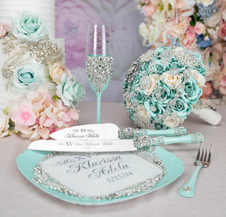 Mint Quinceanera cake knife set with plate and fork