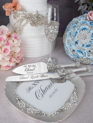 Silver Quinceanera cake knife set with 1 glass