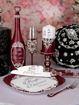 Burgundy Silver Quinceanera brindis package with candle