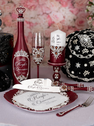 Burgundy Silver Quinceanera brindis package with bottle and candle