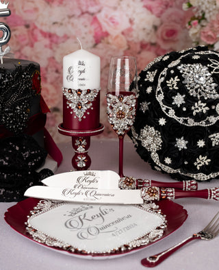 Burgundy Silver Quinceanera brindis package with candle