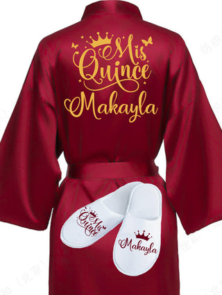 Quinceanera Burgundy with Gold robe with slippers