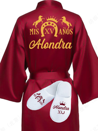 Quinceanera Burgundy with Gold robe with slippers