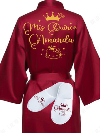 Quinceanera Burgundy with Gold robe with slippers