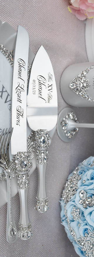 Silver Quinceanera cake knife set with plate and fork