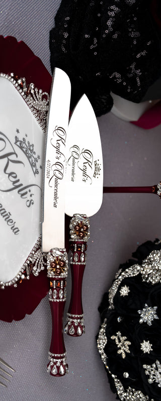 Burgundy Silver Quinceanera cake knife and server