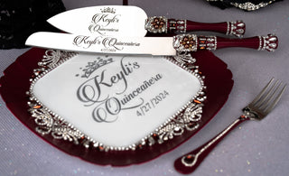Burgundy Silver Quinceanera cake knife set with 1 glass