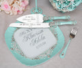 Mint Quinceanera cake knife set with plate and fork