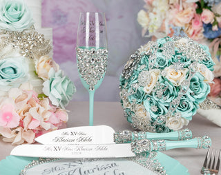 Mint 2 quinceanera champagne glasses