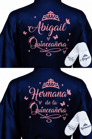 2 Batas y zapatillas Quinceanera Navy Blue with Rose Gold