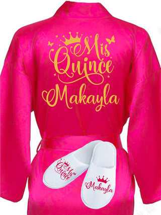 Quinceanera Fuchsia with Gold robe with slippers