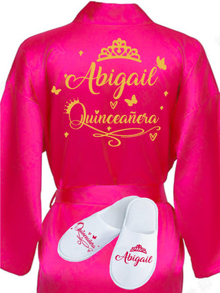 Quinceanera Fuchsia with Gold robe with slippers