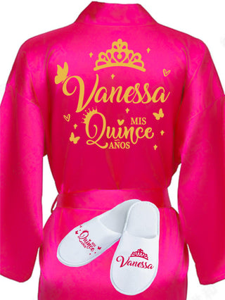 Quinceanera Fuchsia with Gold robe with slippers