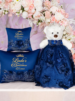 Navy Blue gold with flowers Quinceanera pillows set and teddy bear