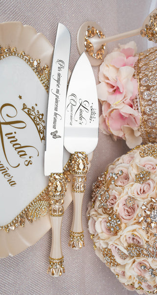 Gold quinceanera cake knife and server